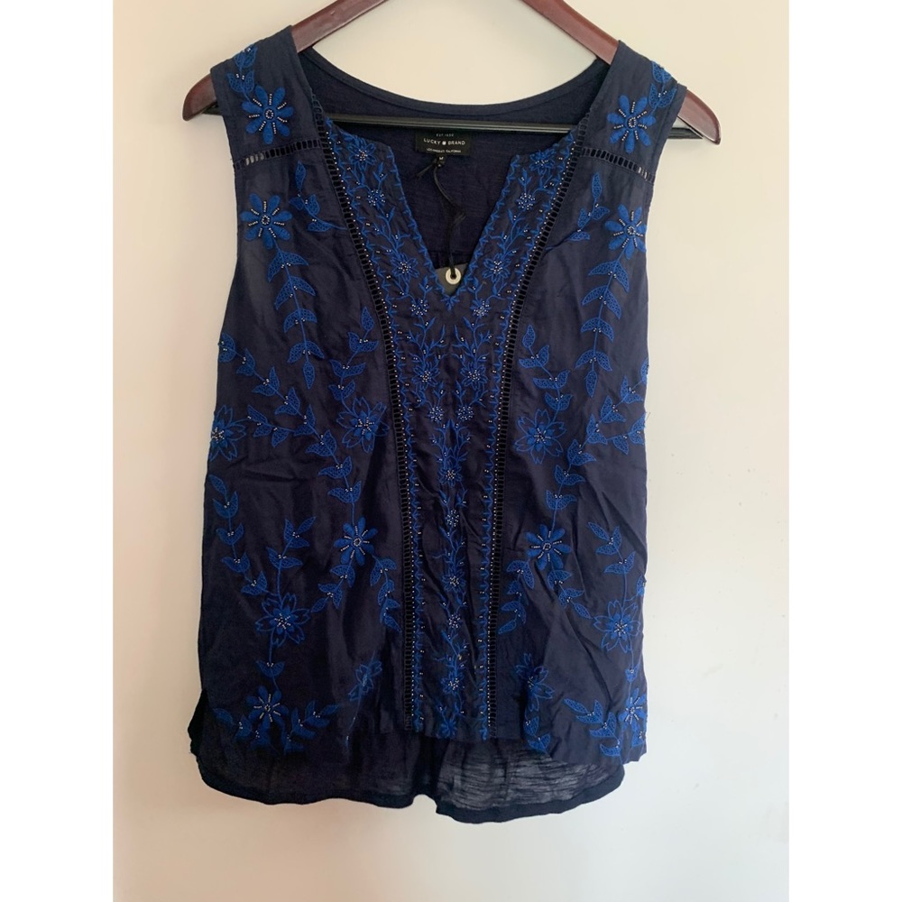Lucky Brand navy blue beaded top